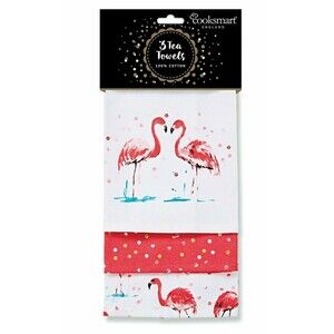 Cooksmart Tropical Pink Flamingo Cotton Tea Towels Sequin Gold Foil Dots 3-pc